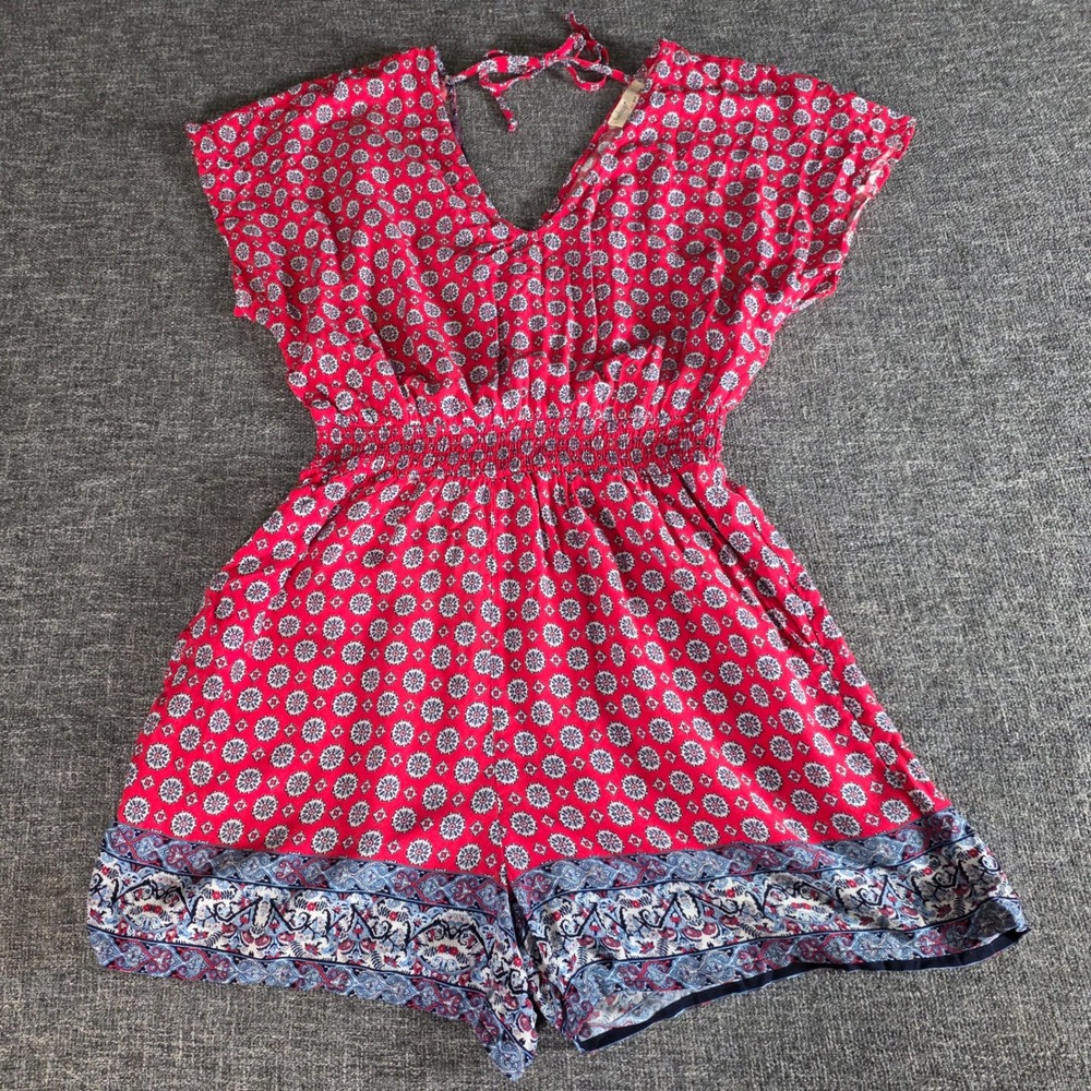 Bebop Red Medallion Print Smocked Waist Tie Back Romper Medium Bohemian